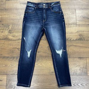 Kancan High Rise Distressed Cropped Jeans Size 30 Dark Wash Stretch Ankle Skinny